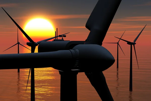 Turbine eoliche in mare al tramonto rendering 3D — Foto Stock
