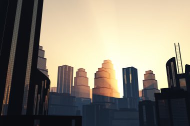 Metropolis gökdelen günbatımı / gündoğumu 3d render