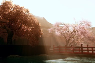 Surrealistic Japanese garden 3D render clipart