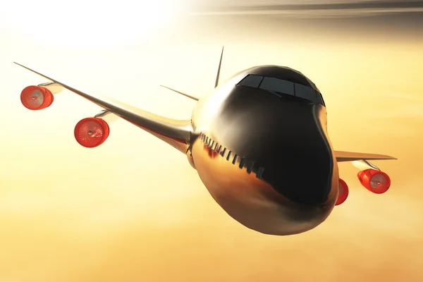 Самолет летит на закат / восход солнца 3D-рендеринг — стоковое фото