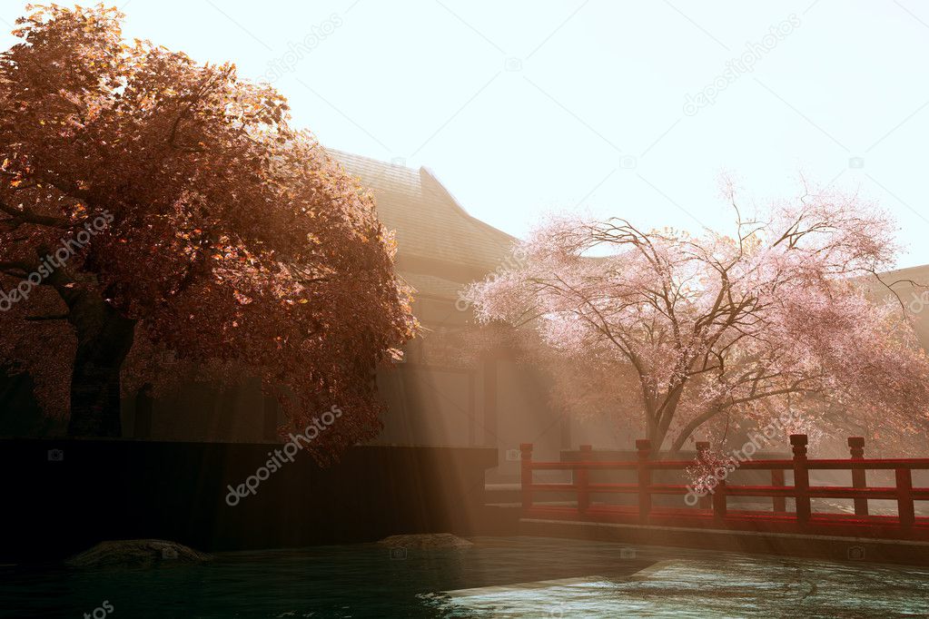 Surrealistic Japanese garden 3D render