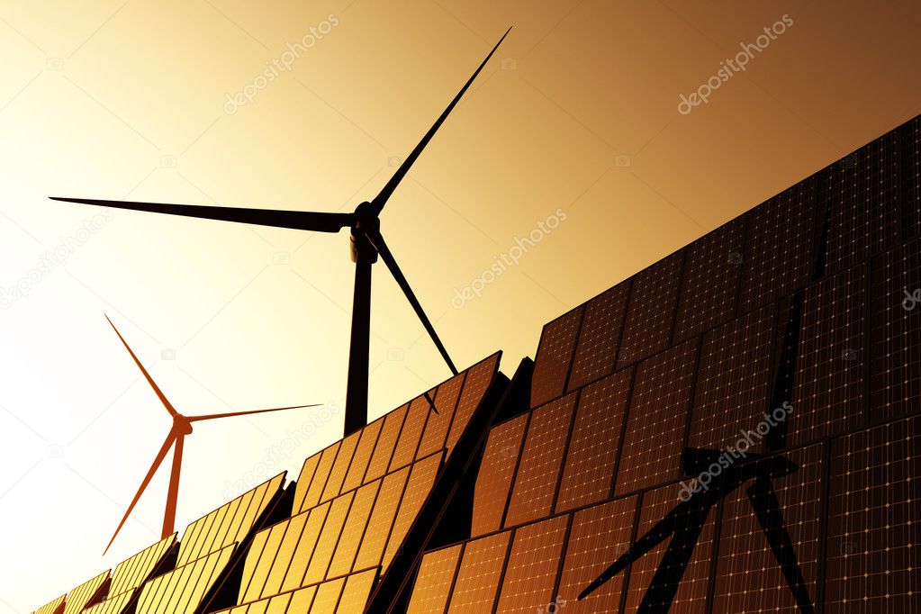 Wind Turbines and solar panels 3D render