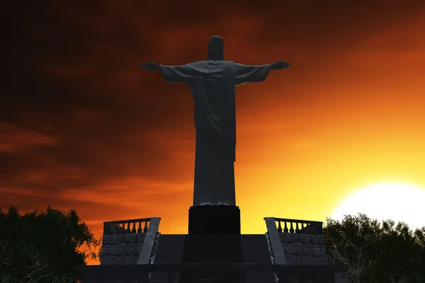Jesus Statue in Rio De Janeiro Brazil Corcovado Mountain 3D render sunset — Stock Photo, Image