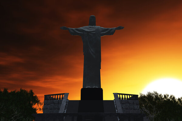 Jesus Statue in Rio De Janeiro Brazil Corcovado Mountain 3D render sunset