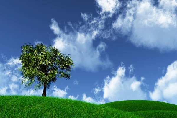 Samotne drzewo w łące render 3d 02 — Zdjęcie stockowe