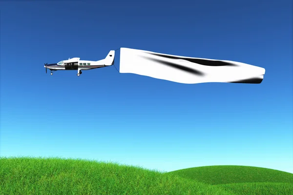 Vliegtuig met lege reclame doek over gearchiveerde 3d render — Stockfoto
