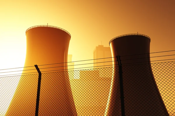 Охлаждающие башни атомной электростанции Sunset Sunrise 3d визуализируют — стоковое фото