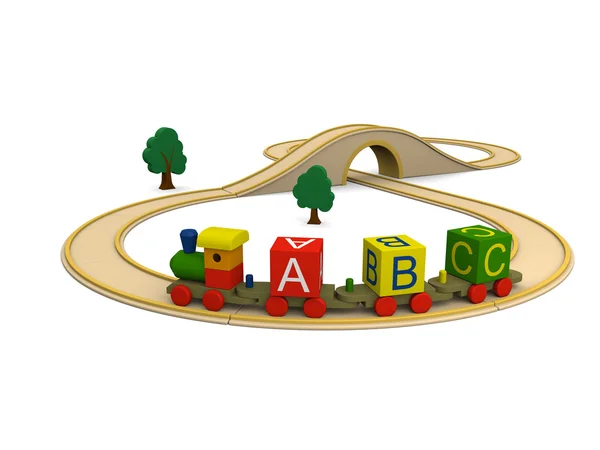 Dřevěná hračka vlaků přepravujících abeceda písmen — Stock fotografie
