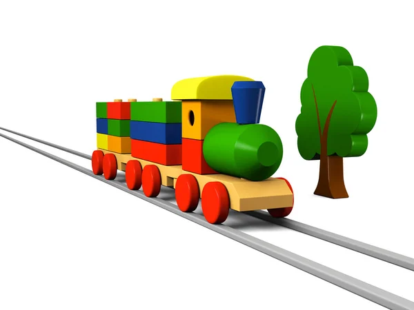 Tren de juguete de madera sobre raíles —  Fotos de Stock