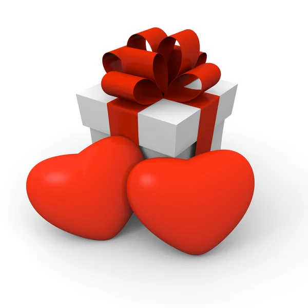 Sevgililer günü hediye kutusu ile iki büyük kırmızı kalp — Stok fotoğraf