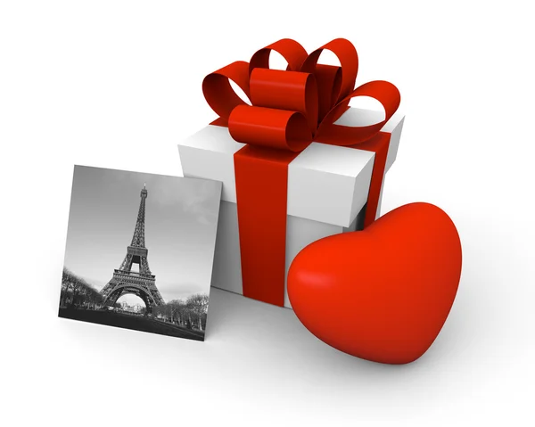 Scatola regalo di San Valentino con un grande cuore rosso e Torre Eiffel — Foto Stock