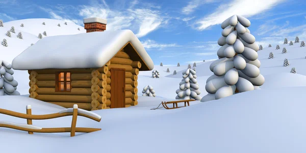 Log cabine no campo nevado — Fotografia de Stock