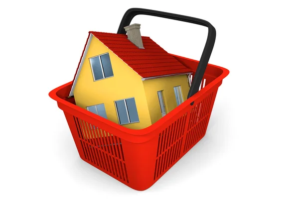 Model of house in shopping basket — Stock Photo, Image