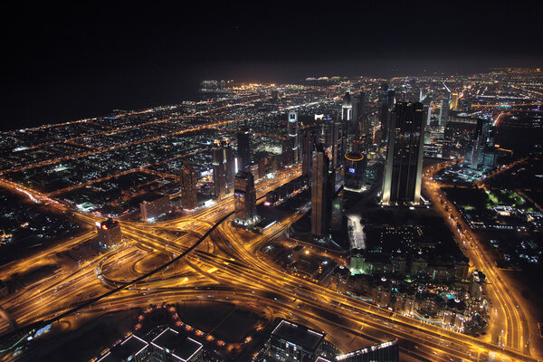 Night Panorama of Dubai. Modern architecture. Emirates.