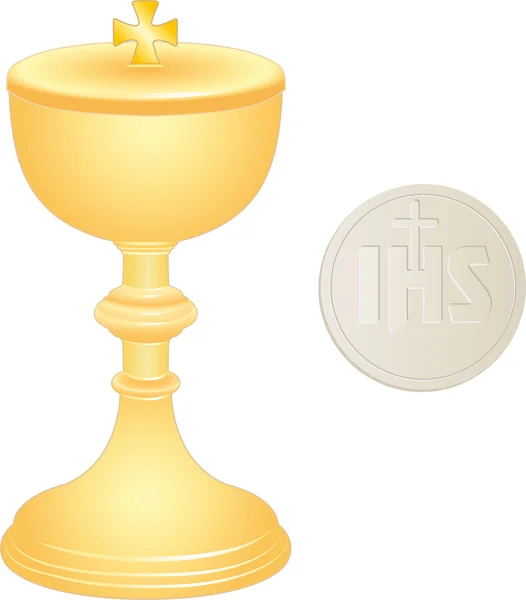 Cáliz de oro litúrgico y oblea — Vector de stock