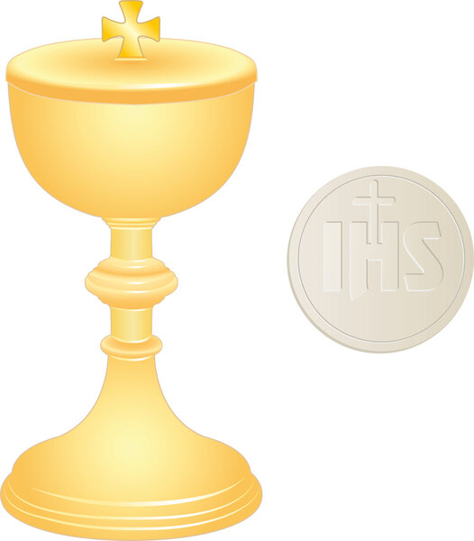 Liturgical golden chalice and wafer