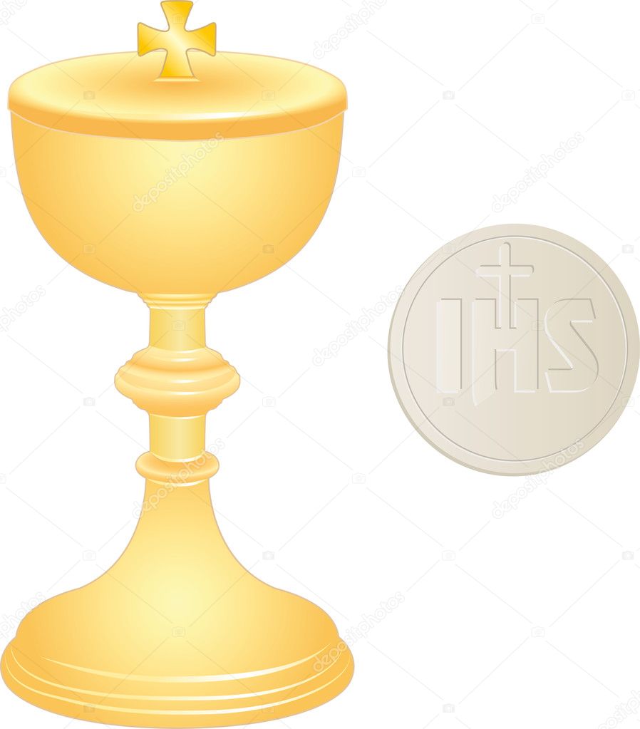 Liturgical golden chalice and wafer