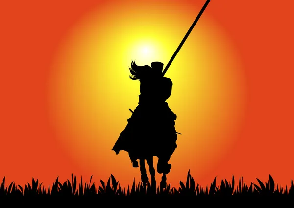 Horse riding warrior at sunset — Stock Vector