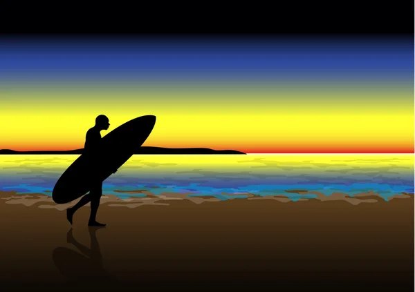 Surfer walking at sunset — Stock Vector