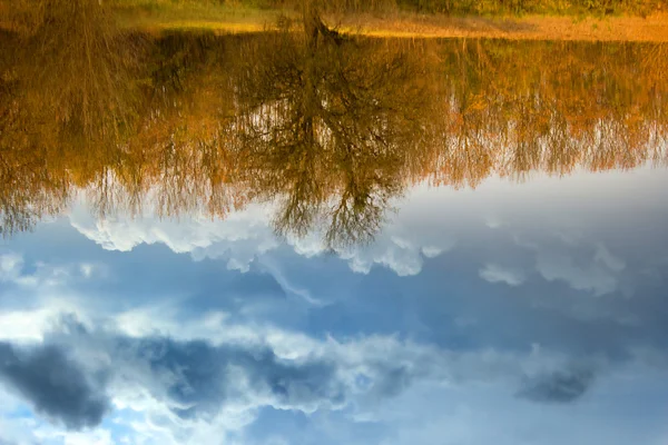 Reflectie in de rivier van onweerslucht en bomen — Stockfoto