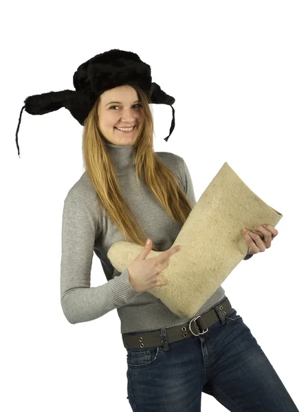 stock image Girl with winter footwear in her hands