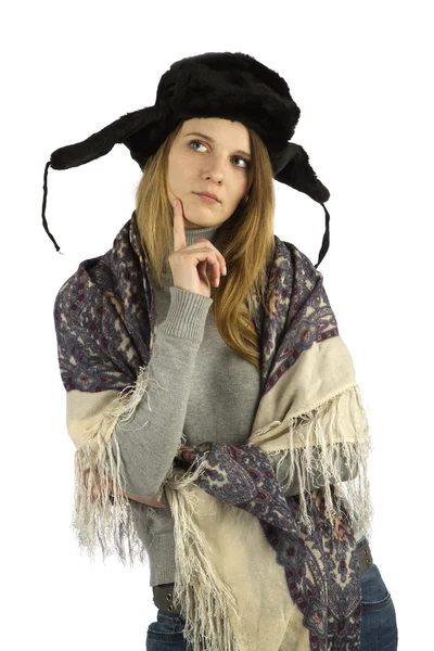 Zamyšlená dívka v kožešinové čepici — Stock fotografie