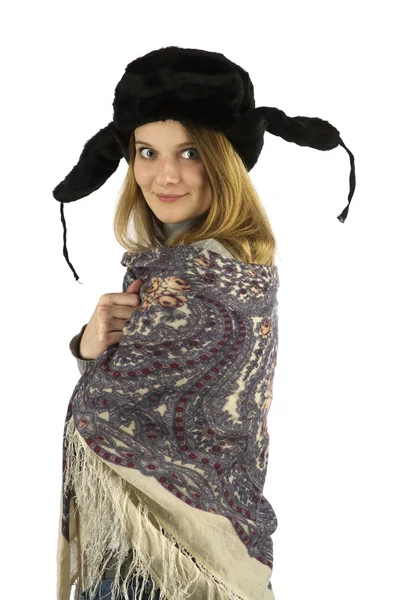 Vire-se menina em chapéu de pele earflapped — Fotografia de Stock