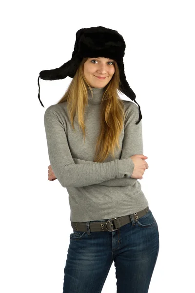 Chica sonriente en sombrero de piel — Foto de Stock