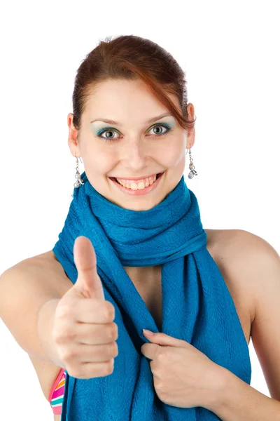 Mujer joven feliz en bufanda azul —  Fotos de Stock