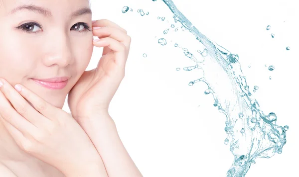 Skincare girl smile face with splash water background — Stock Photo, Image