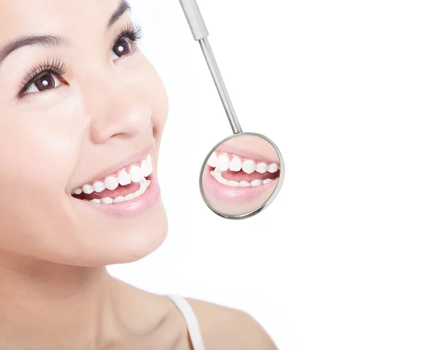 Dentes de mulher saudáveis e um espelho de boca dentista — Fotografia de Stock