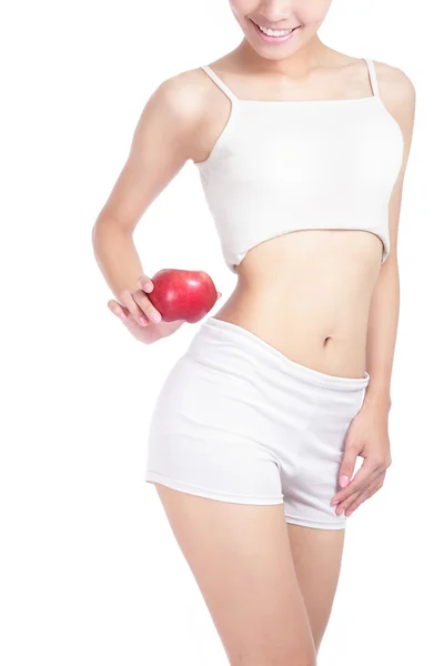 年轻性感的女人的身体和拿红苹果手 — 图库照片