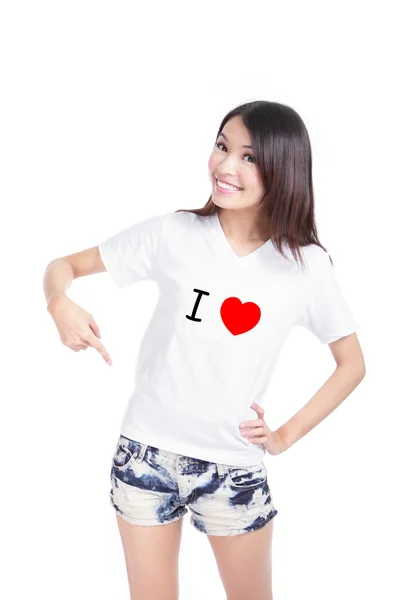 Kız mutlu beyaz T-Shirt (ı love metin ile göster) — Stok fotoğraf