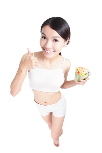 Kobieta szczęśliwa jeść sałatki z dobry gest — Zdjęcie stockowe