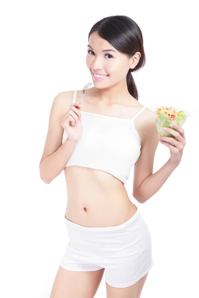 Woman happy eat salad — Stock Photo, Image