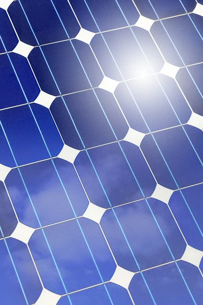 Solar panel closeup with sky and sun reflection — Stock Photo, Image