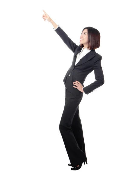 Volledige lengte van zakenvrouw punt iets door vinger — Stockfoto