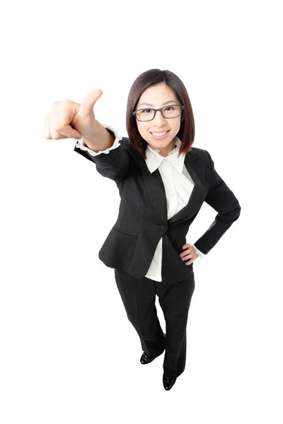 Succesvolle volledige lengte zakenvrouw geven u een uitstekende teken — Stockfoto