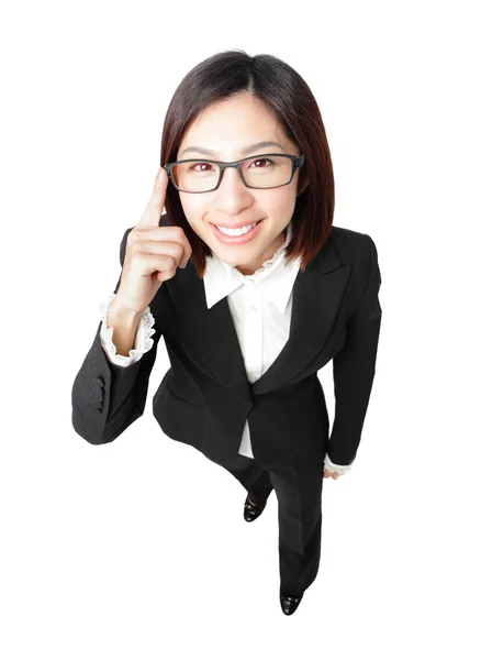 Successful business woman touch eye eyeglasses with smile — Stock Photo, Image