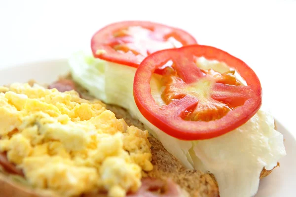 Yumurta, domates, kızarmış ekmek nefis bir kahvaltı dahil — Stok fotoğraf
