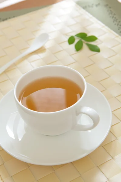 Ένα φλιτζάνι πράσινο τσάι με το φως του ήλιου το πρωί — Φωτογραφία Αρχείου