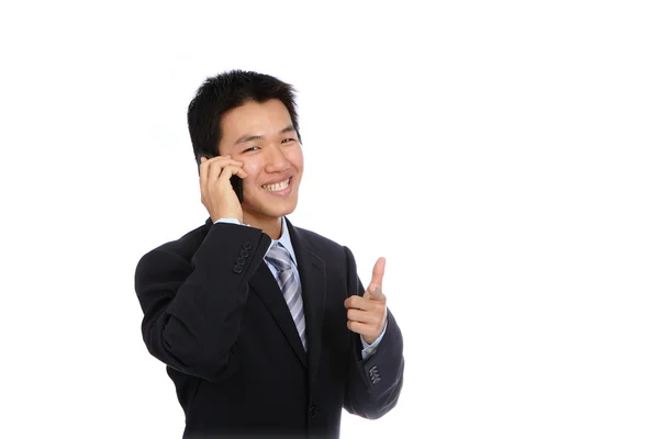 Unga företag man lycklig talar mobiltelefon — Stockfoto