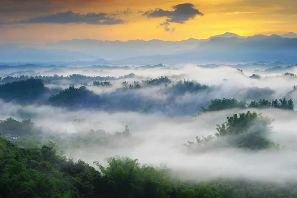 Nuvens dramáticas com montanha e árvore pela manhã — Fotografia de Stock