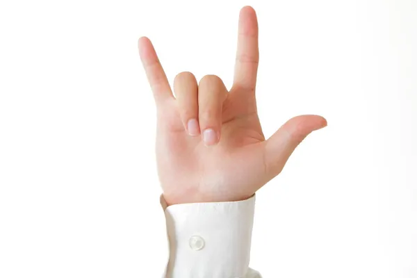 El rock n roll işareti ile beyaz gömlek — Stok fotoğraf