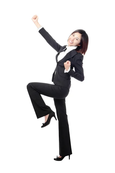 Celebrating cheering businesswoman in full length — Stock Photo, Image