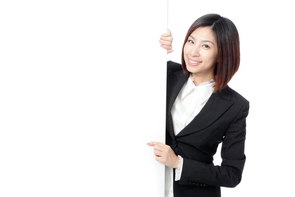 Donna d'affari felice sorriso Mostrando cartellone bianco — Foto Stock