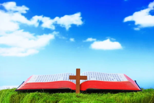 Briller Bible ouverte et croix sur l'herbe — Photo