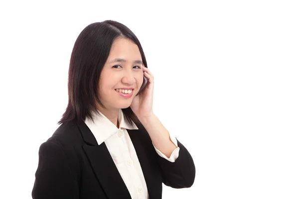 Businesswoman smiles with mobile phone — Stock Photo, Image