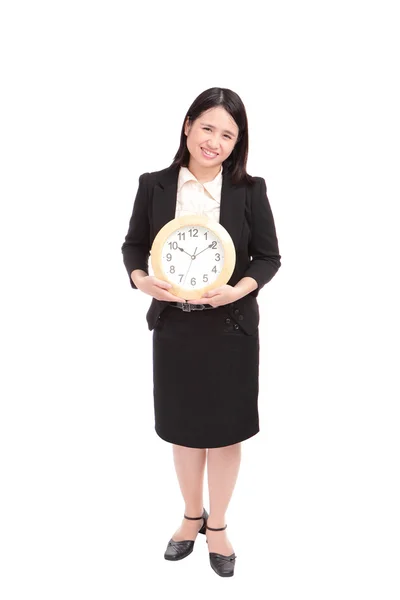 Ασιατική γυναίκα επιχειρήσεων εκμετάλλευσης ρολόι — Φωτογραφία Αρχείου