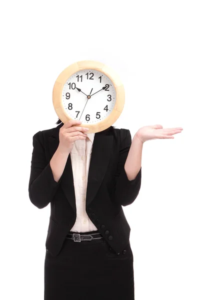 Business woman holding clock — Stock Photo, Image